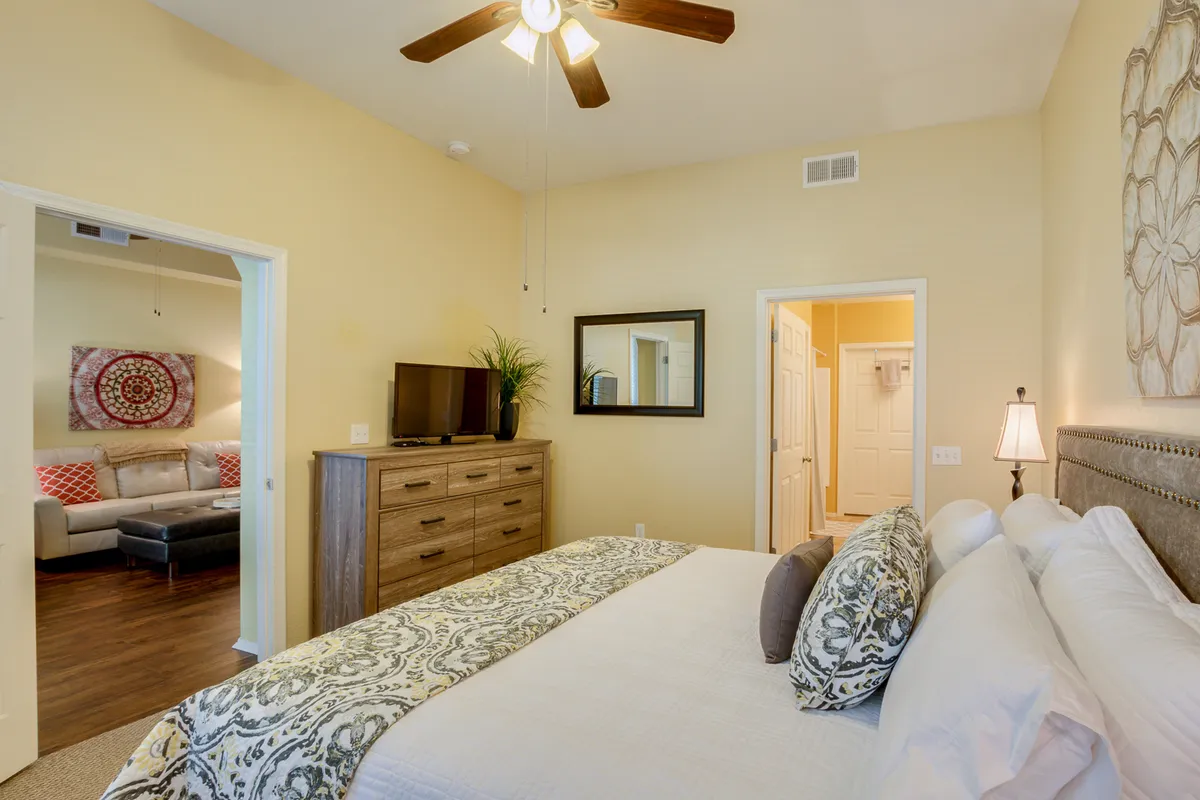 A cozy bedroom with a bed adorned in decorative pillows, a dresser topped with a TV and a potted plant, and a wall mirror. The space exudes warmth and is perfect for reading or enjoying a quiet moment.