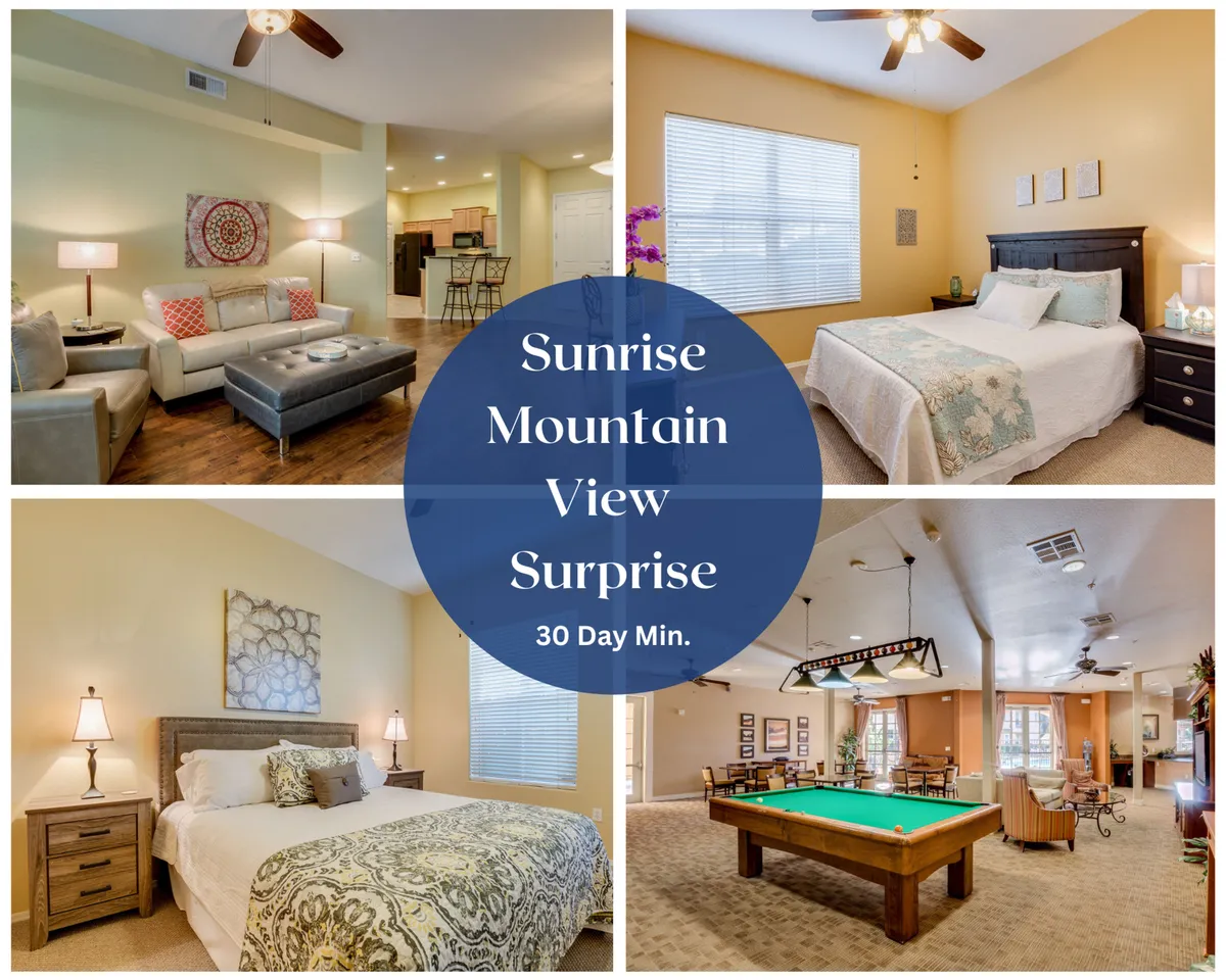 The image showcases a spacious, sunlit living room with comfortable seating and large windows revealing a soft sunrise glow. Visible are a stylish dining area set for shared meals, a cozy bedroom with a decorative headboard, and a game room featuring a pool table—perfect for friendly gatherings and relaxation.