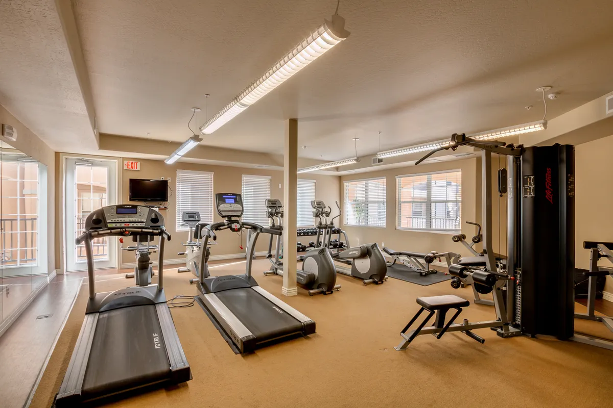 A modern fitness center equipped with treadmills, elliptical machines, and weight training equipment. Large windows flood the space with natural light, emphasizing an open and energetic atmosphere.